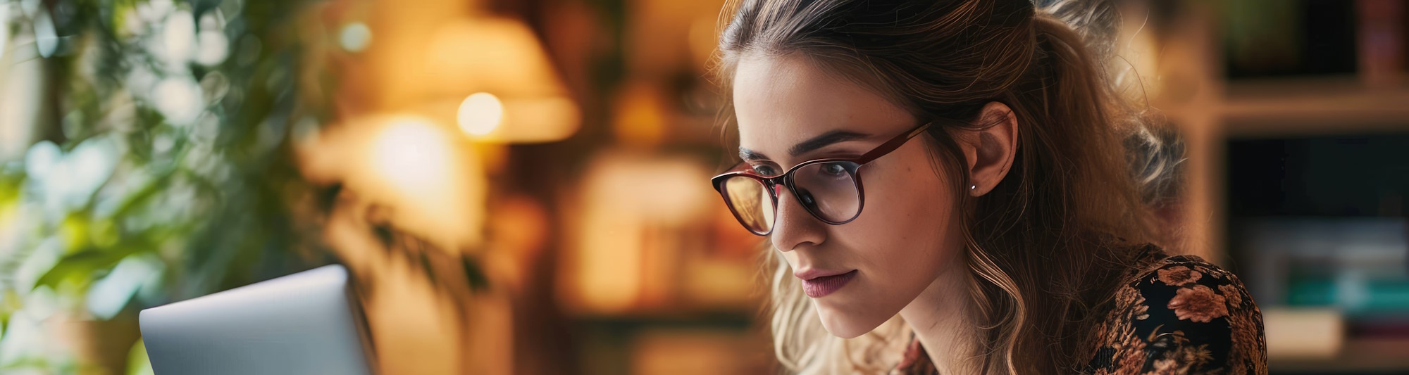 The determined woman with glasses types on her laptop at home, struggling to read the screen.